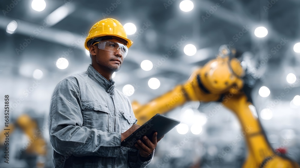 Poster dedicated engineer in safety gear meticulously monitors a robotic arm with a digital tablet in a mod