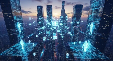 Futuristic Digital Cityscape with Holographic Human Figures in Blue Light