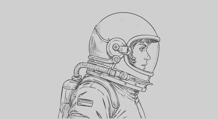 Detailed line drawing of a female astronaut in a spacesuit against a gray background © Raheel