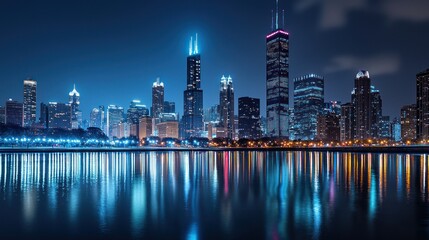 Obraz premium Night cityscape skyline reflected in calm water.