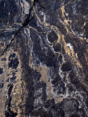 Close-up of a dark rock surface with intricate patterns and textures, showcasing a mix of black, white, and golden hues.