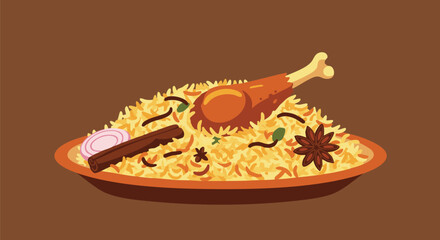 Delicious chicken biryani with rice and spices served on a plate food concept