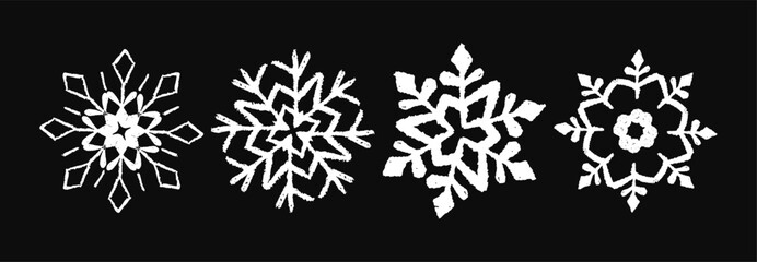 Set of cute white Xmas snowflakes drawn in pastel, crayon, chalk and charcoal textures. A holiday collection for kids featuring frozen, grunge style Christmas crystal squiggle art. Vector illustration