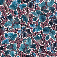 Seamless pattern with blue irises on trendy leopard print background. Bold floral and animal mix for fashion, fabric, wrapping paper, interior decor, and stylish textile design.