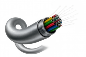 Colorful fiber optic cables emerging from metallic tube, revealing high-speed network infrastructure against transparent backdrop