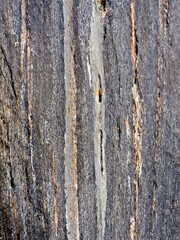 Close-up of a rock surface with vertical bands of different colors and textures.
