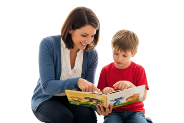 Happy mother or teacher and her son or student reading a book together