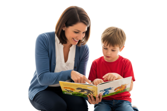 Happy mother or teacher and her son or student reading a book together