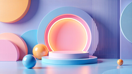 Obraz premium Abstract pastel geometric forms with a luminous circular stage and spheres