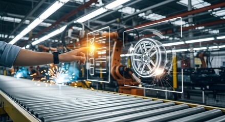 Smart factory worker interacting with holographic quality control interface on automotive production line.
