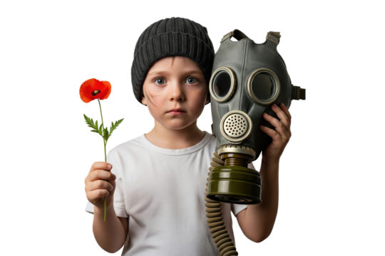 Sad child refugee holding a poppy flower and a gas mask