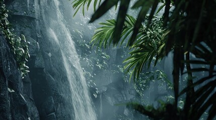 Lush tropical waterfall cascading down mossy rocks, partially obscured by vibrant green foliage.