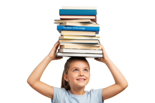 Happy little girl balancing a stack of books on her head - Powered by Adobe