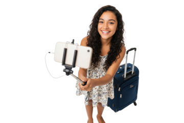 Happy teenage girl traveler taking a selfie with a smartphone
