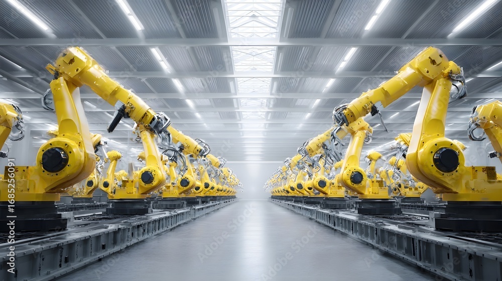 Aufkleber rows of bright yellow industrial robots work synchronously on an assembly line in a clean modern fac
