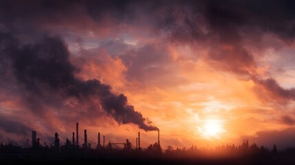 Industrial refinery silhouetted against a dramatic colorful sunset sky with plumes of smoke rising from its towering smokestacks