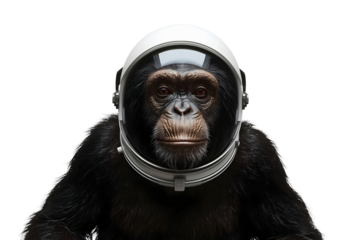 Chimpanzee astronaut portrait, studio, dark background, space exploration