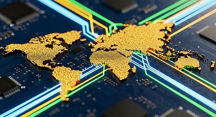 Dynamic global network connects continents via glowing digital circuits, symbolizing innovation and connectivity.