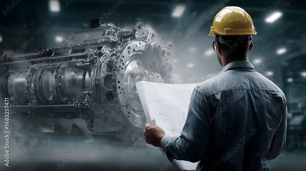 Poster engineer in a hard hat examines blueprints in a factory setting with a large intricate industrial en