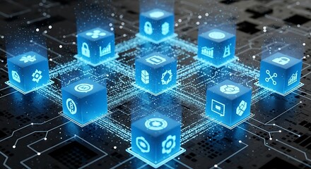 Dynamic blockchain network with glowing nodes showcasing financial and security icons, representing digital innovation