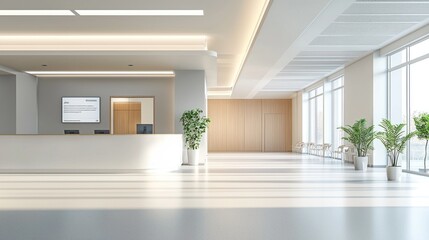 Obraz premium Modern bright hospital reception area with waiting chairs and plants.