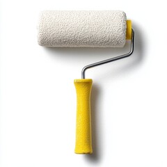 Fototapeta premium Yellow handled paint roller with white coating on white background