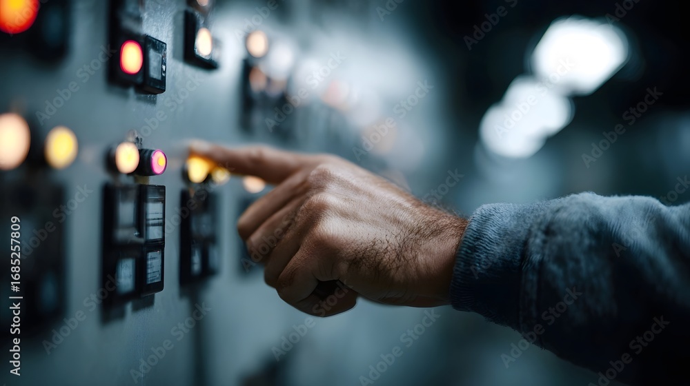 Poster a worker s hand interacts with a glowing button on an industrial control panel indicating an active 