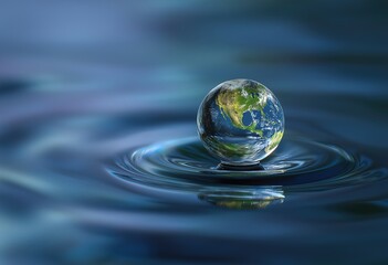 A globe reflects on water, creating ripples, symbolizing the Earth and its interconnectedness in a serene blue environment.