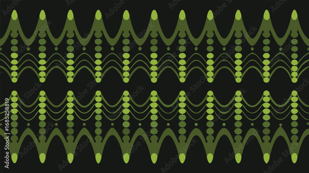 Poster seamless pattern of green wavy lines and circles on dark background vector illustration