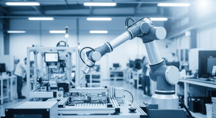 Industrial Robot Arm in Modern Manufacturing Facility with Automated Equipment