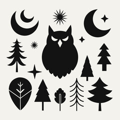 Whimsical nighttime forest scene with owl and celestial elements