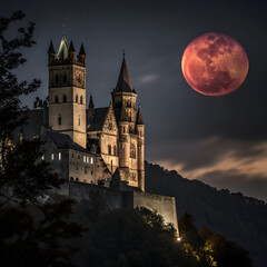 Fototapeta premium Majestic Castle Under Crimson Moon: A Nighttime Architectural Wonder