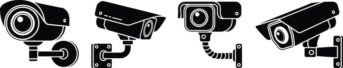 Silhouettes of CCTV security cameras, surveillance devices, safety monitoring systems, video recording equipment for home, office, and building protection