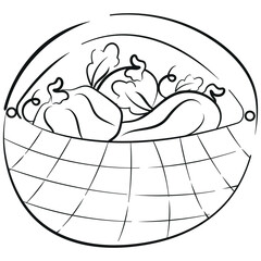 icon of a wicker basket with pumpkins of various shapes with leaves in sketch style, for autumn designs, packaging or textiles