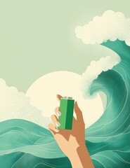 A hand holds a green battery against a backdrop of waves and a sun, symbolizing energy and environmental awareness.