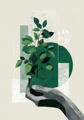 A stylized illustration of a hand holding a small plant, surrounded by geometric shapes in green and beige tones, symbolizing growth and sustainability.