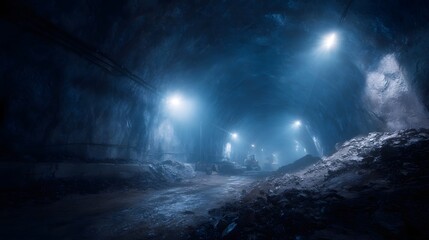 Fototapeta premium A vast underground construction tunnel illuminated by bright blue lights revealing heavy hinery and rugged rock formations