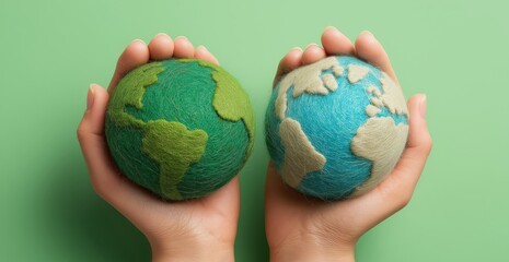 Two hands holding felted globes representing Earth, one in green and the other in blue and beige, symbolizing care for the planet.