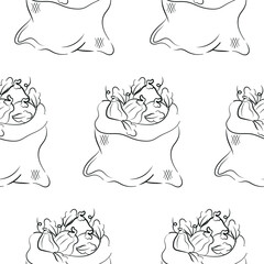 pattern with icons of textile bag with pumpkins of various shapes with leaves in sketch style, for autumn designs, packaging or textiles