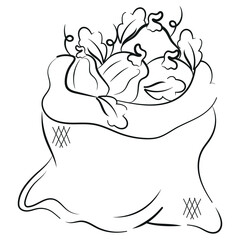 icon of a textile bag with pumpkins of various shapes with leaves in sketch style, for autumn designs, packaging or textiles