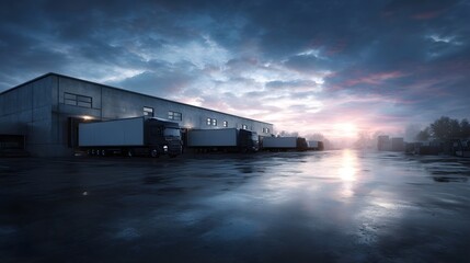 Fototapeta premium Delivery trucks parked at a large industrial warehouse loading dock at dawn with a dramatic sky and wet reflective ground
