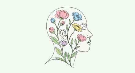 A stylized profile of a woman's head, adorned with colorful flowers and leaves, suggesting mental well-being and growth.