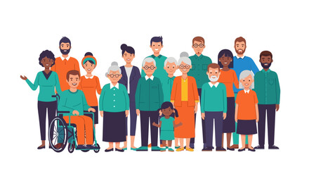 Diverse group of people standing together, including young, old, and disabled, representing a community or family.