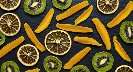 A flat-lay arrangement of assorted dried fruits scattered across a dark slate surface, highlighting the contrasting colors and textures of lemon slices, mango strips, and kiwi rounds