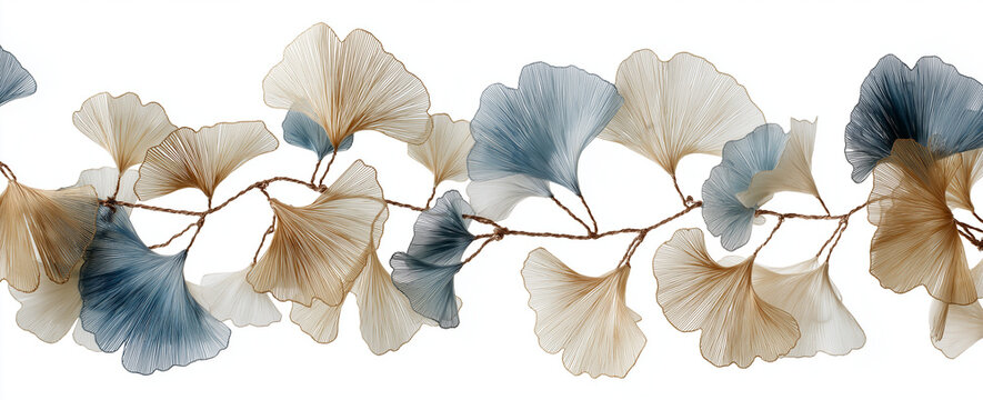 Decorative ginkgo leaf garland with blue and gold leaves on white background