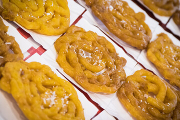 Fresh crunchy aromatic jalebi, zoolbia. Traditional dish Iranian cuisine