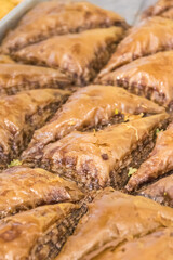 Turkisch baklava. Sweet pastry made of layers filo dough with chocolate and honey