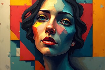 Graffiti portrait art painting of a woman with painted face and artistic expression rough texture, colorful abstract background design illustration.