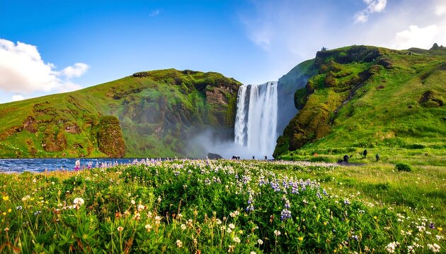 Lush Icelandic landscape with waterfall cascading over verdant hills