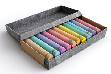 Fototapeta premium Vibrant box of colorful chalk sticks for creative art projects, education, and design in a studio setting